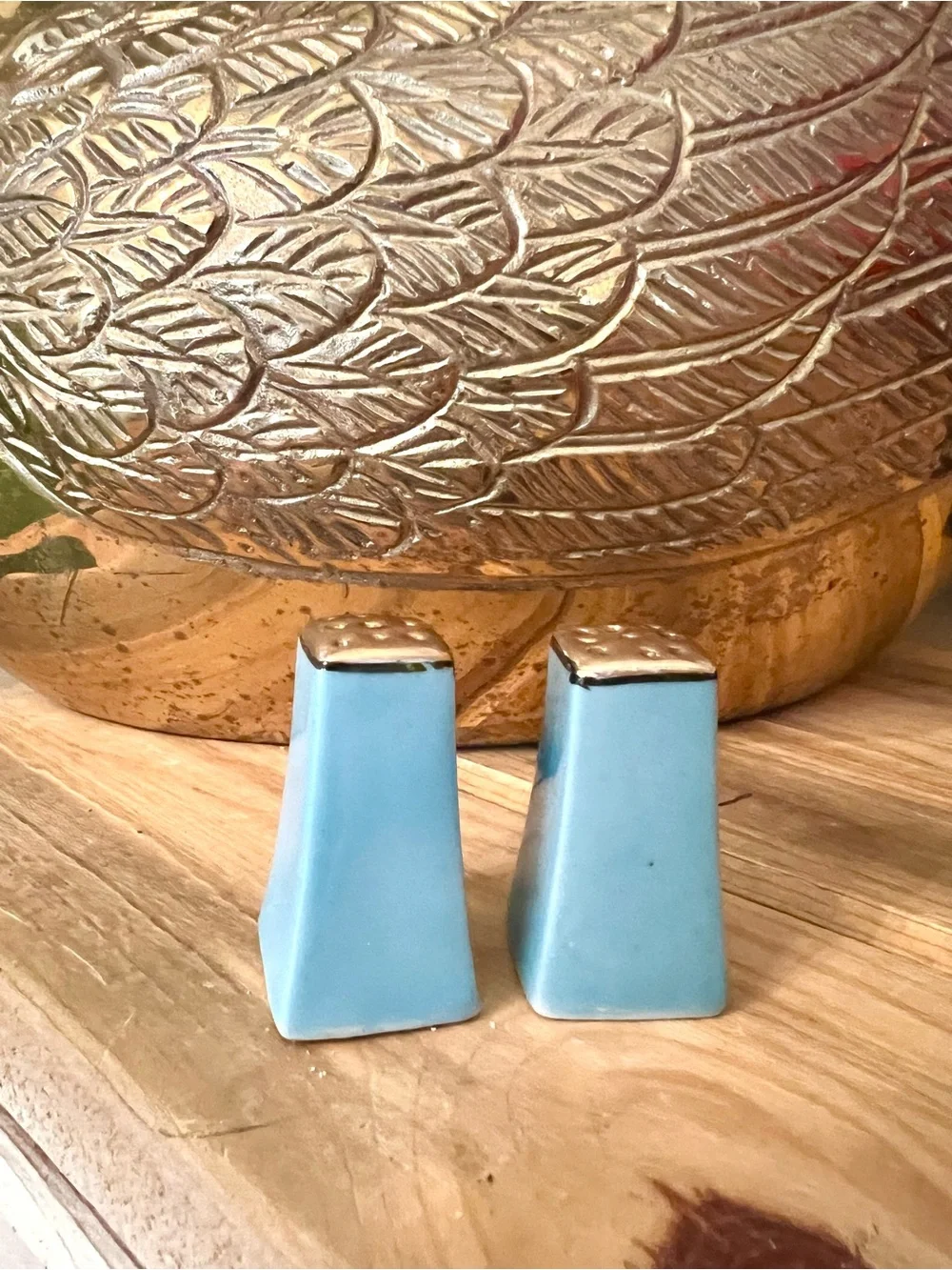 Vintage Salt & Pepper Shakers: Hand-Painted Flowers, Gilding, Blue w/ Pink Rose
